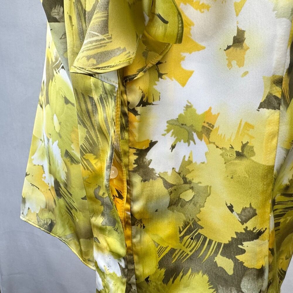 Anne Klein Blouse Sz M Yellow Ruffle VNeck Collar Sleeveless  Button Up Colorful