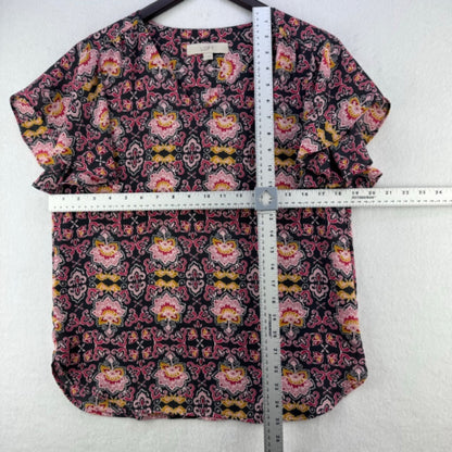 LOFT Blouse Women Sz XS Charcoal Red Pink Yellow floral V-Neck Flutter Sleeves