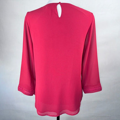 Naked Zebra Blouse Sz M Round Neck Keyhole Back Embroidered 3/4 sheer sleeves