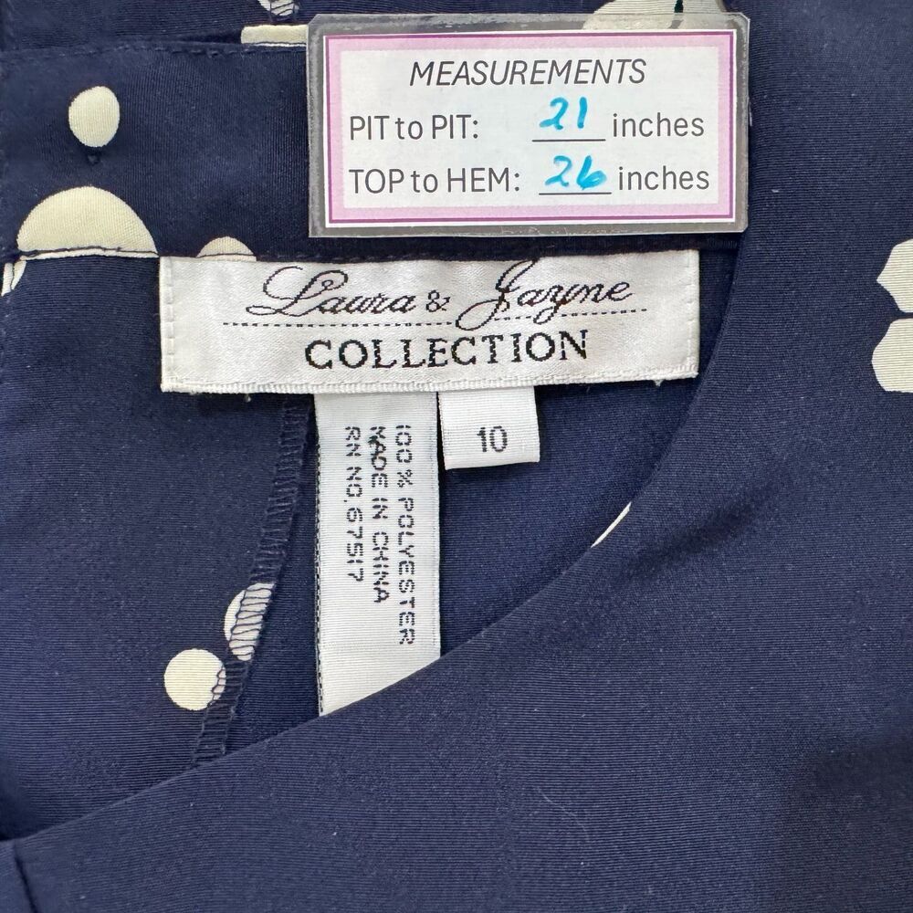 Laura & Jayne Vintage Blouse Sz 10 Blue White Flowers Polka Dots Pleated