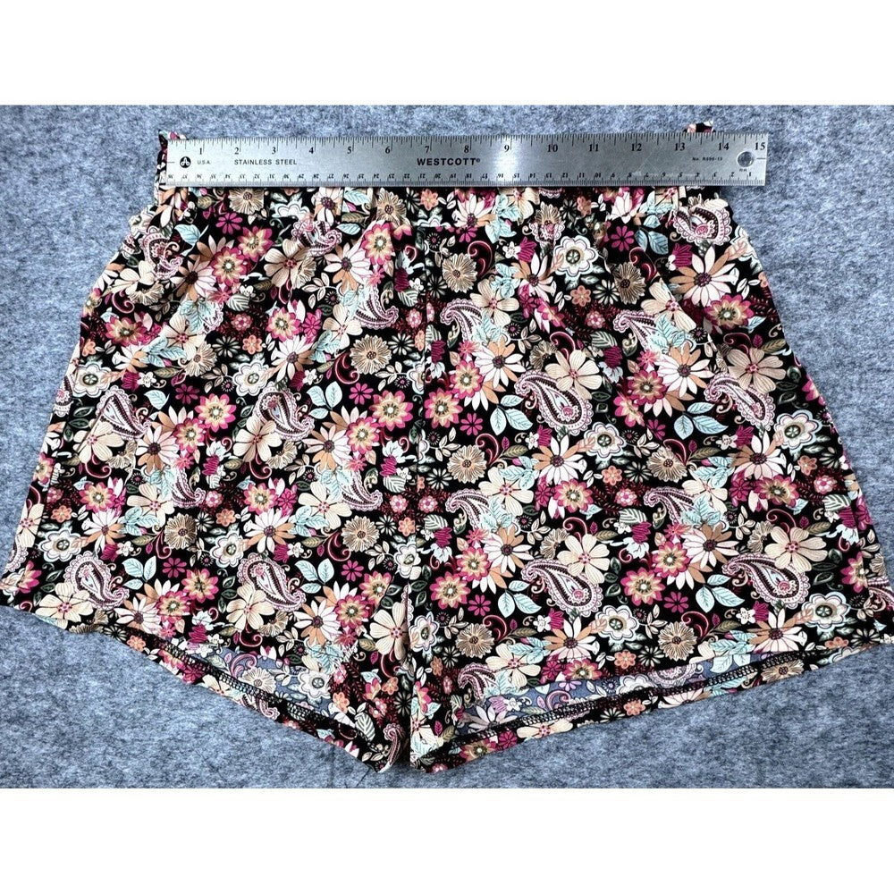 Skue Women Short Sz L Paperbag Black Short Floral Print High Rise