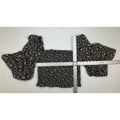 Wild Fable Top Sz M Cropped Black Floral Square Neck Long Sheer Sleeve Lined