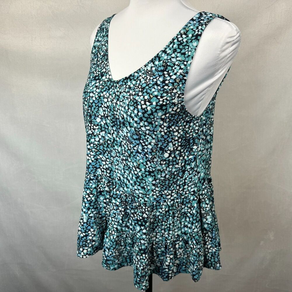 LOFT  Top Sz XS Black Multicolor Floral Sleeveless Peplum Ruffle VNeck