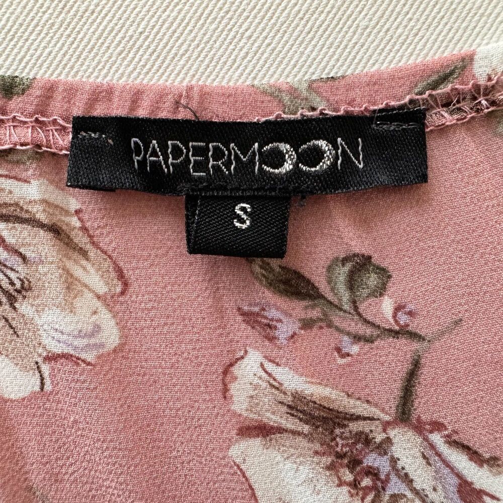 Papermoon Crop Top Sz S Pink Floral Back Tie Puff Sleeve Sweetheart neckline