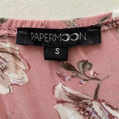 Papermoon Crop Top Sz S Pink Floral Back Tie Puff Sleeve Sweetheart neckline
