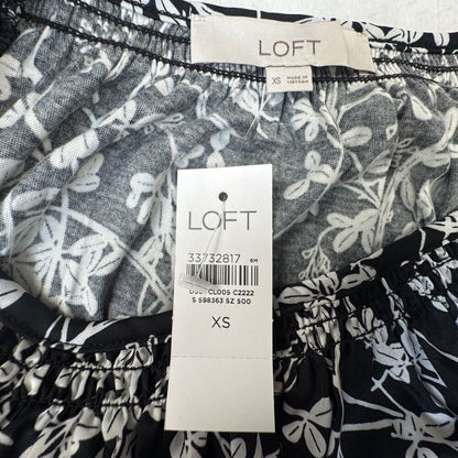 Loft Women Top Sz XS NWT Black Satin Floral Ruched Neckline Short Sleeve