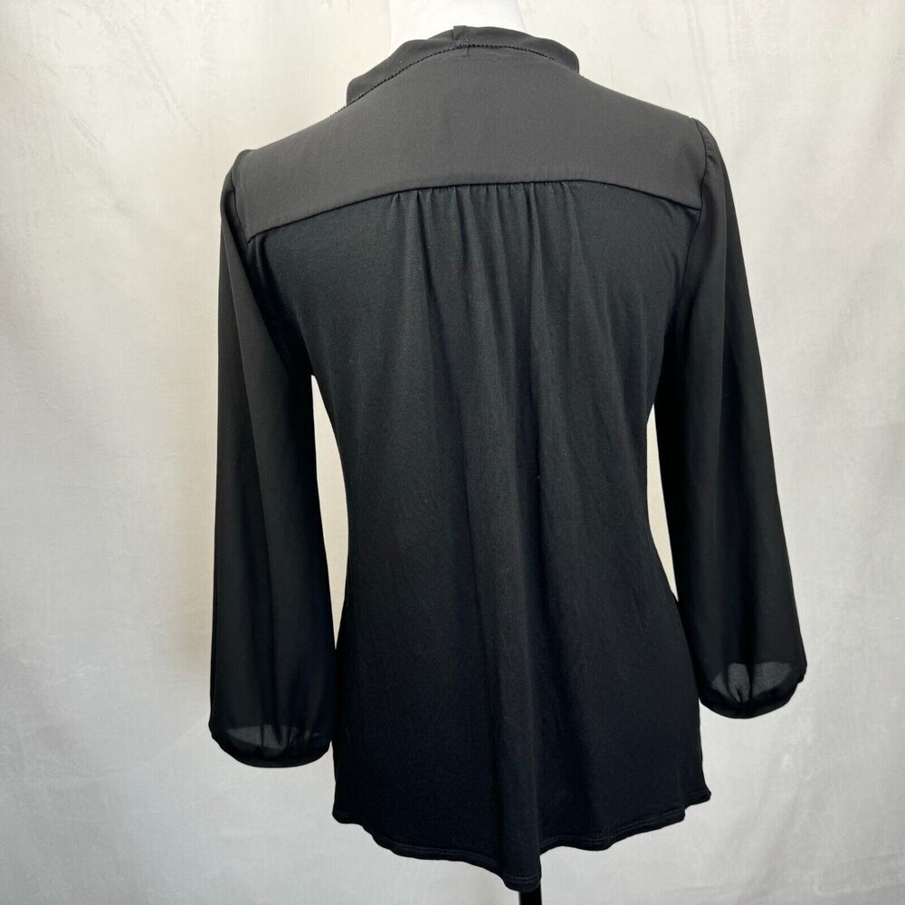 LOFT Black Blouse Sz S Sheer Front Knit Back V-Neck Flapped Neckline