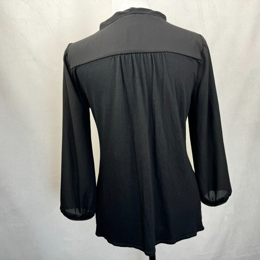 LOFT Black Blouse Sz S Sheer Front Knit Back V-Neck Flapped Neckline