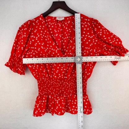 Sienna Sky Blouse Sz XS Red White Print Ruched Waistline and Sleeves Peplum
