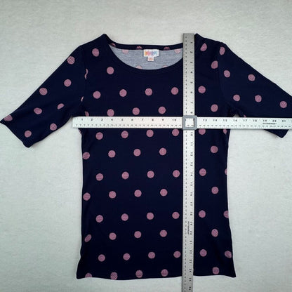 LuLaRoe Top Sz XS Knit Blue Pink Dots Boat Neck Fitted Elbow Sleeve