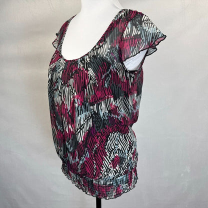BCX Sheer Top Women Sz M Black with Fucsia White Print Over Cami Tank Ruched Hem