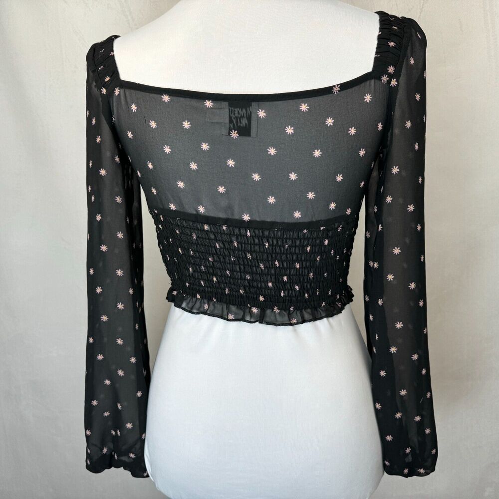 Princess Polly Cropped Top Sz 2 Black Daisy Floral Sheer Long Sleeve Smocked