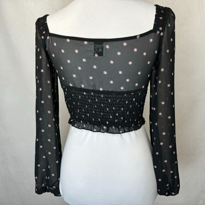 Princess Polly Cropped Top Sz 2 Black Daisy Floral Sheer Long Sleeve Smocked