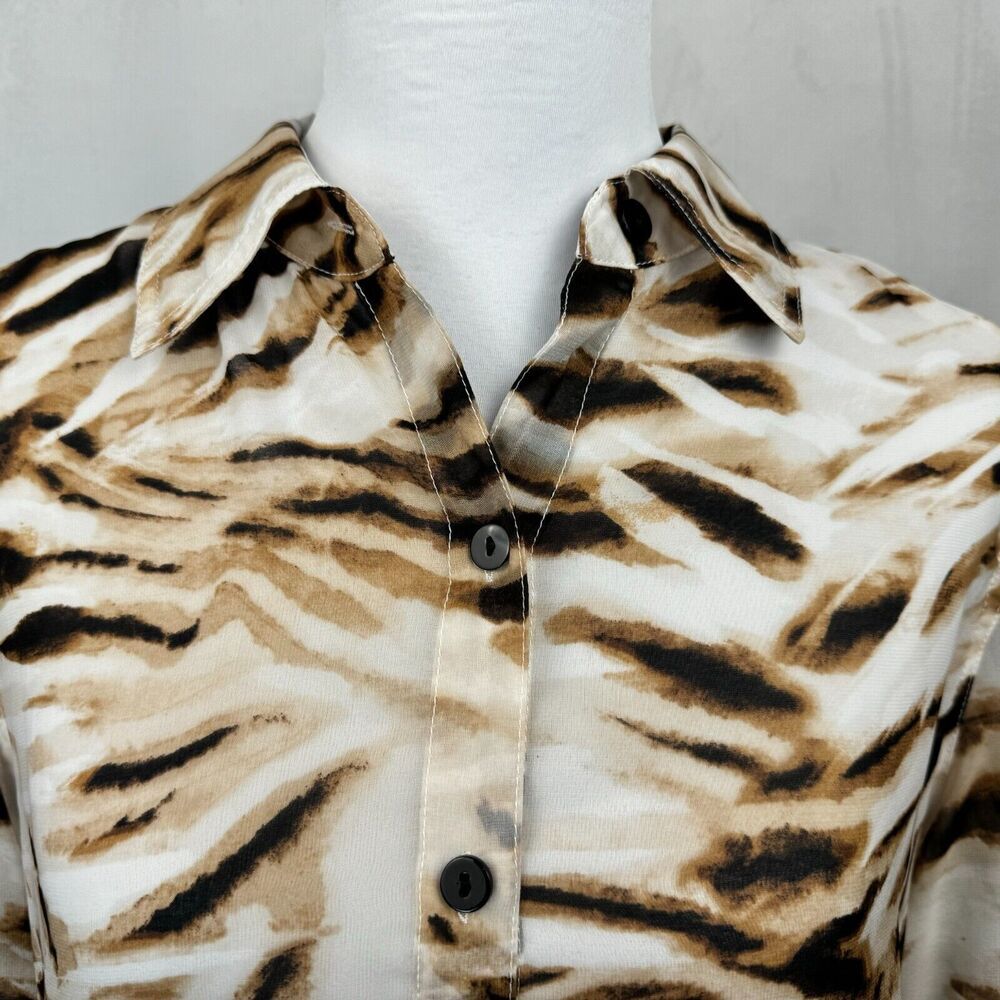 Chicos Top Sz 1 Sheer Brown Tiger Print Button Up 3/4 Sleeve