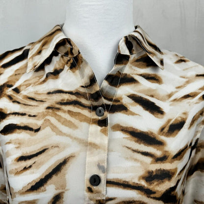 Chicos Top Sz 1 Sheer Brown Tiger Print Button Up 3/4 Sleeve