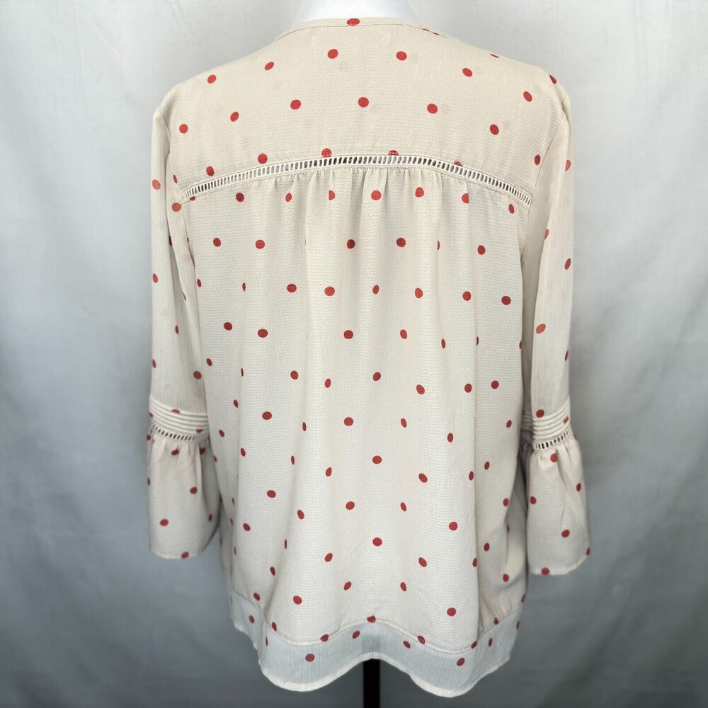 Fever Ladies Sz M Round Split Neck Polka Dot Ladder Trim Pullover Bell Sleeve