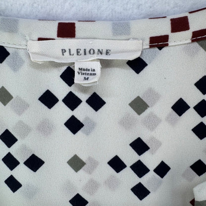 Pleione Top Women Sz M Cream blue red gray squares cap sleeves pleated back
