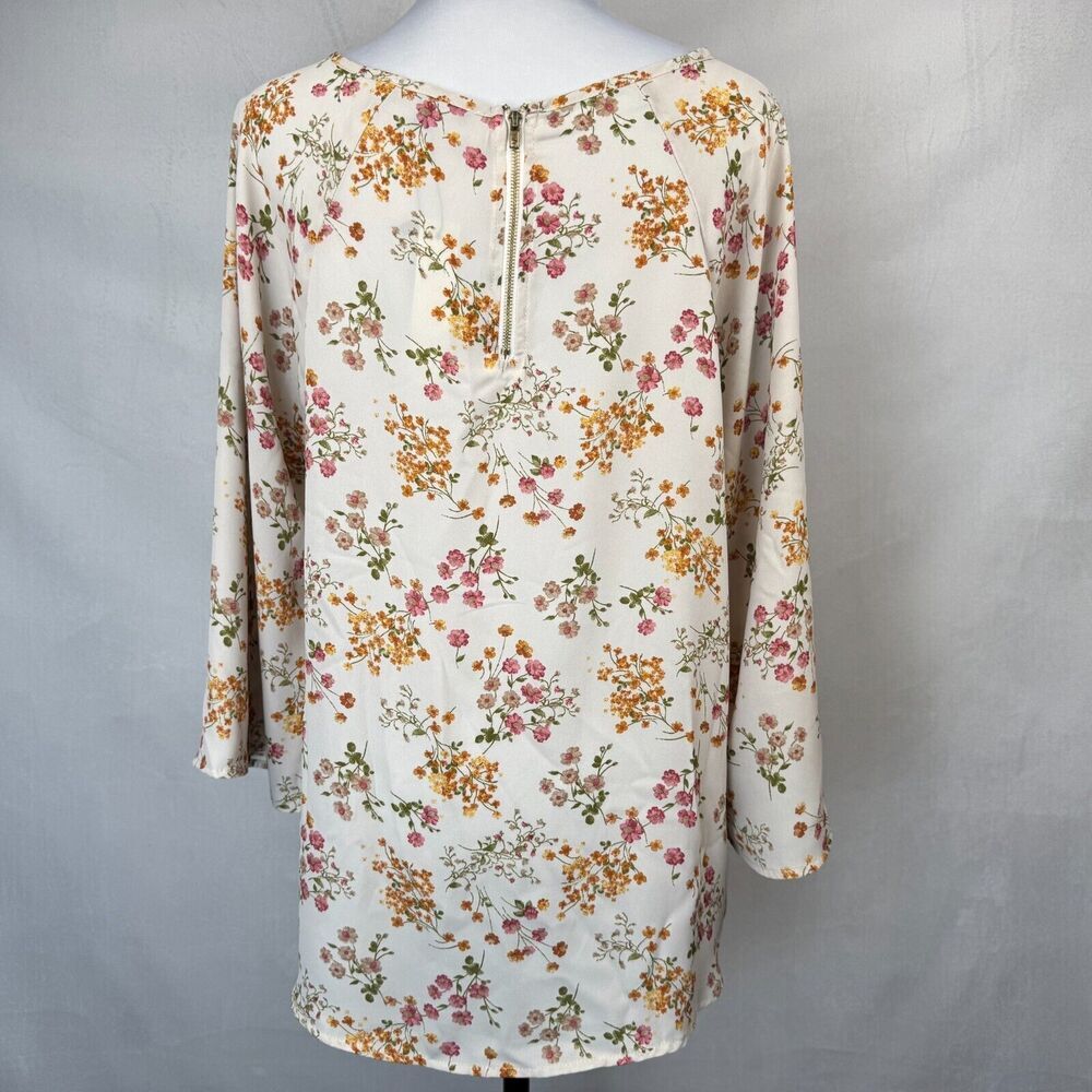 Papermoon Women Sz L Sheer Beige Floral Print Boat Neck Long Sleeve Zipper
