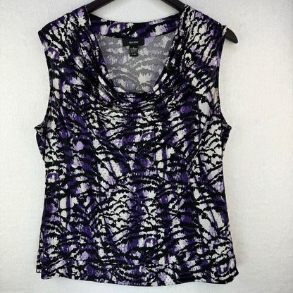 A sleeveless scoop-neck top with a purple, black, and white abstract tie-dye pattern, hanging on a black hanger against a white textured wall.