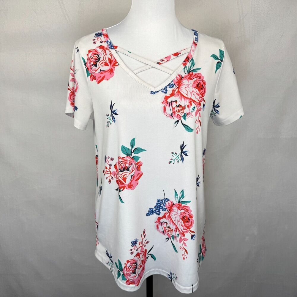 Tickled Women Sz L Dusty White Floral Tunic Short Sleeve Strappy Front Neckline