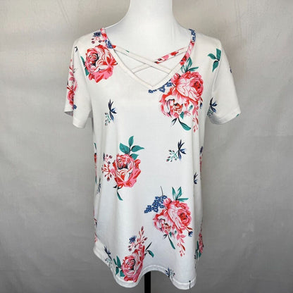 Tickled Women Sz L Dusty White Floral Tunic Short Sleeve Strappy Front Neckline