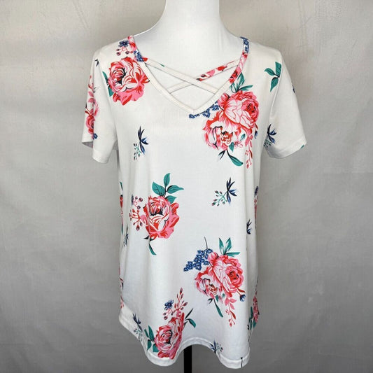 Tickled Women Sz L Dusty White Floral Tunic Short Sleeve Strappy Front Neckline