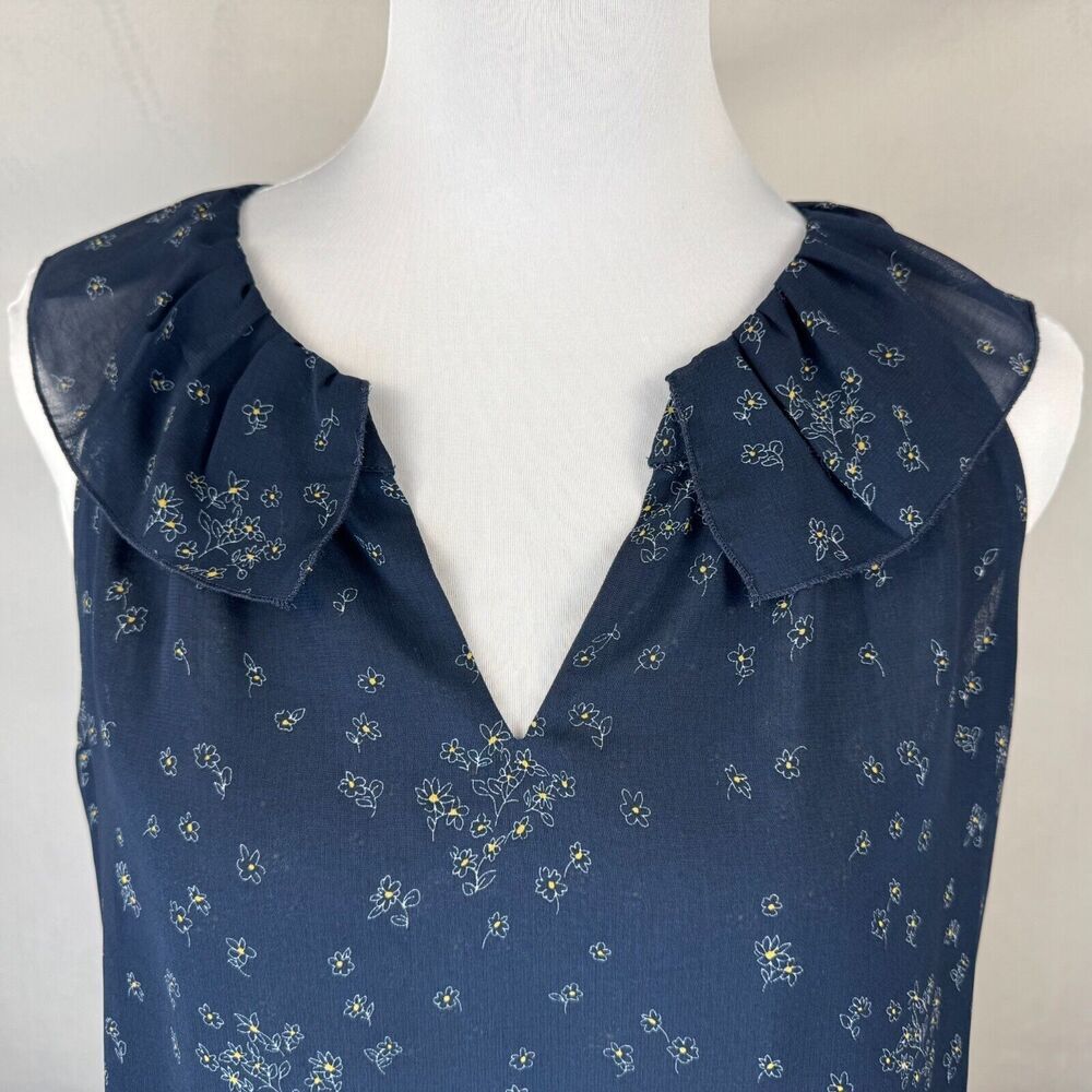 Cabi Sheer Top Sz S Navy Blue Floral V Neck Sleeveless Blouse layered
