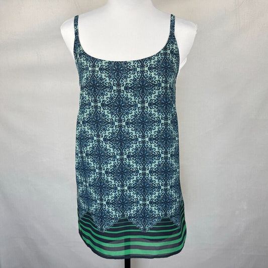 Cabi Women TankTop Sz XS Lined Green Blue Damask Bottom Stripes Spaghetti Straps