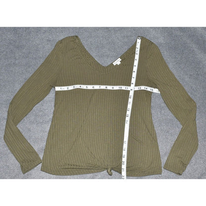Love Fire Womens Knit Top Knot Front Long Sleeve V-Neck Thyme Size Small