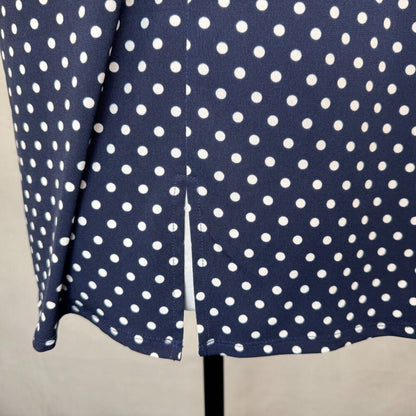 Chaus New York Sz  L Top Navy Polka Dots Scoop Neckline Sleeveless Back Slits