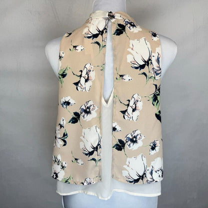 ASTR The Label Women Crop Top Sz S Beige Floral Chiffon Under Blouse Split Back