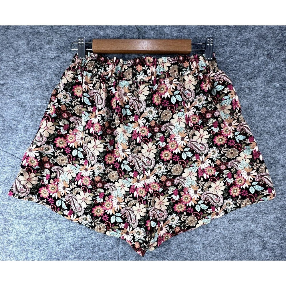 Skue Women Short Sz L Paperbag Black Short Floral Print High Rise