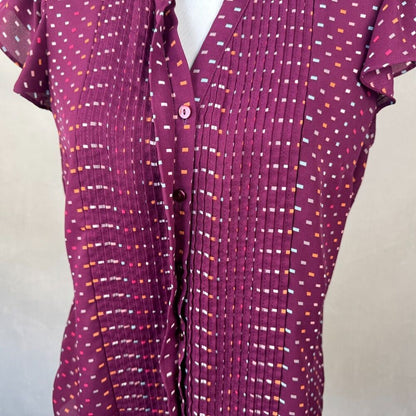 Simply Styled Petite Women Sz MP Red Printed Button Up Pleated Blouse Cap Sleeve