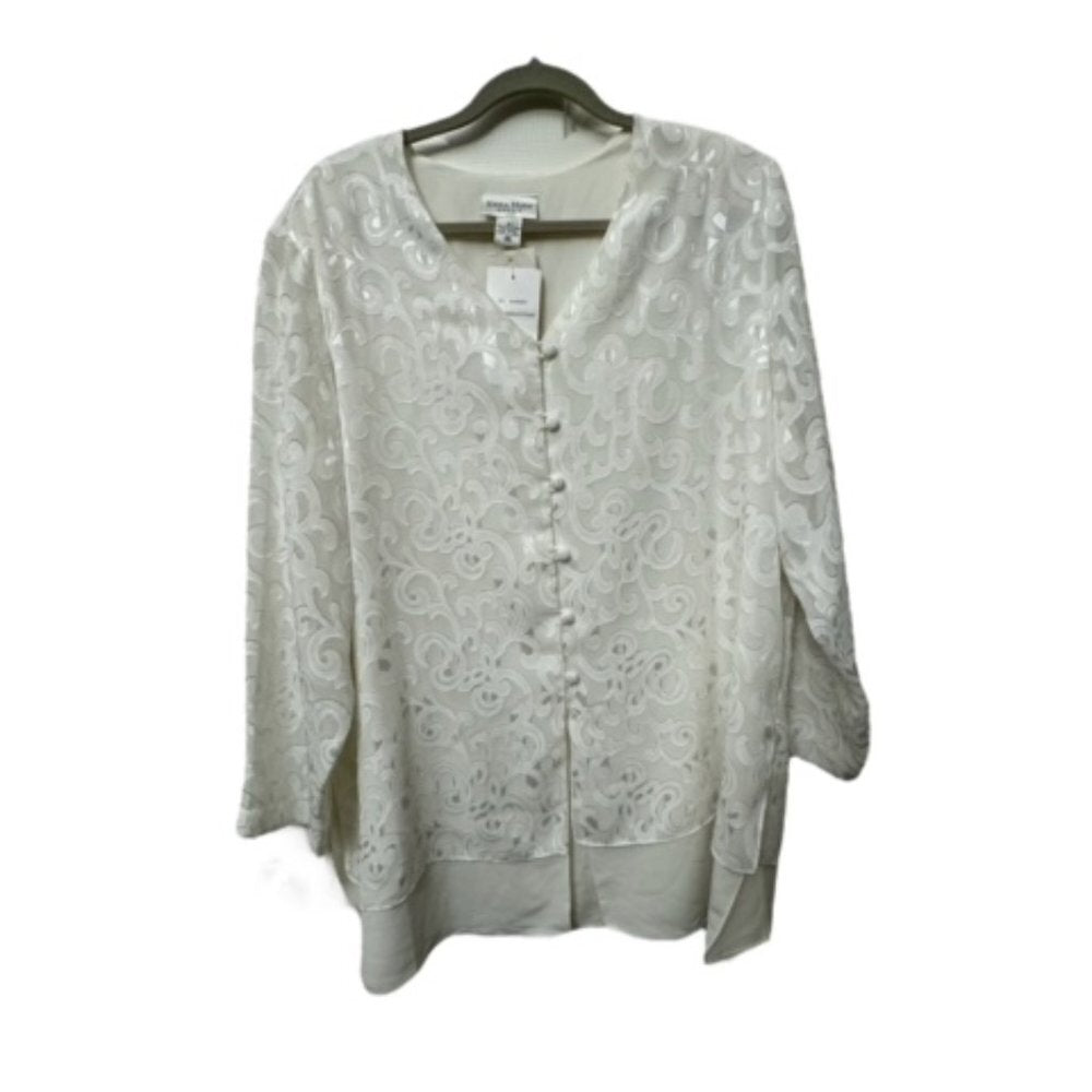 A white long-sleeve blouse with a V-neckline, button-up front, and intricate lace overlay, hanging on a dark wooden hanger against a plain white background.