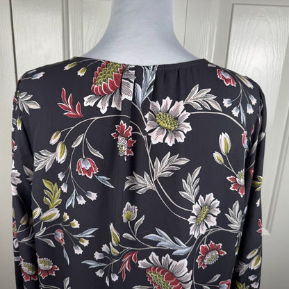 LOFT Women Blouse Sz M Charcoal Floral VNeck Long Sleeve Button Down Ruffle Cuff