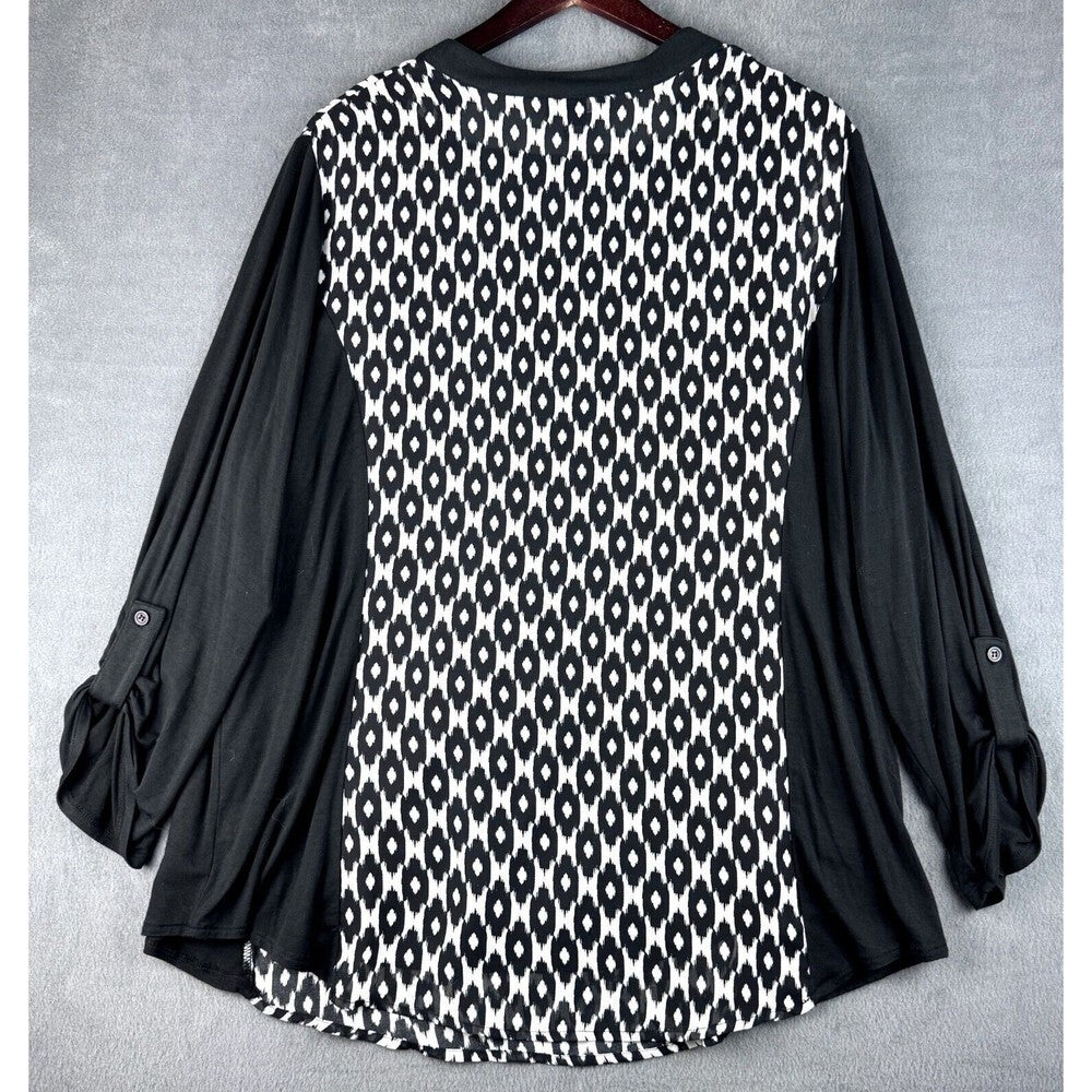 Alyx Blouse Sz 3X Sheer Black White 2-Piece V-Neck roll up sleeves