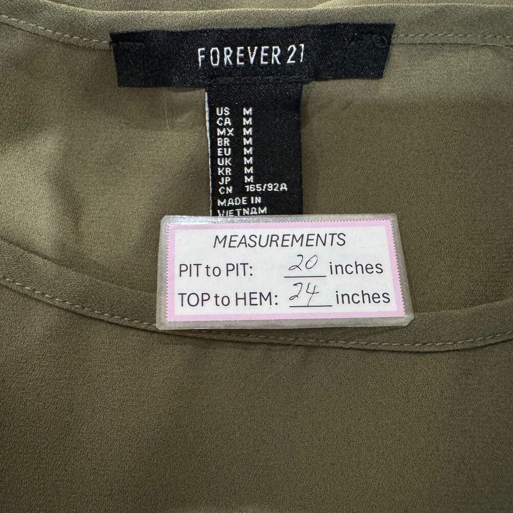Forever 21 Women Top Sz M Sheer Olive Green Round Neck Sleeveless Pullover