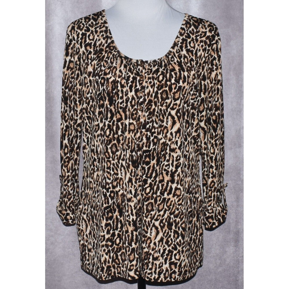 Dressbarn Animal Print 3/4 Sleeve 1/2 Button Stretch Brown - Size Large