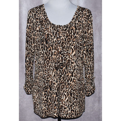 Dressbarn Animal Print 3/4 Sleeve 1/2 Button Stretch Brown - Size Large
