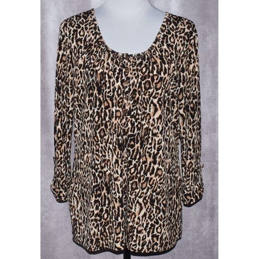 Dressbarn Animal Print 3/4 Sleeve 1/2 Button Stretch Brown - Size Large
