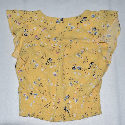 Monteau Crop Top Sz S  Yellow Floral V-Neck Flutter sleeve