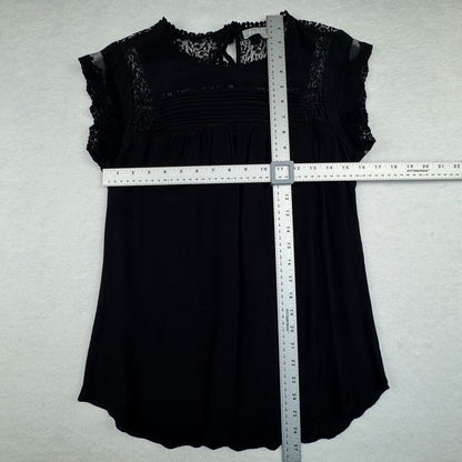 Daniel Rainn Blouse Sz M Black Rayon Ladder Stitch Lace Crochet Cap Sleeves