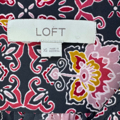 LOFT Blouse Women Sz XS Charcoal Red Pink Yellow floral V-Neck Flutter Sleeves