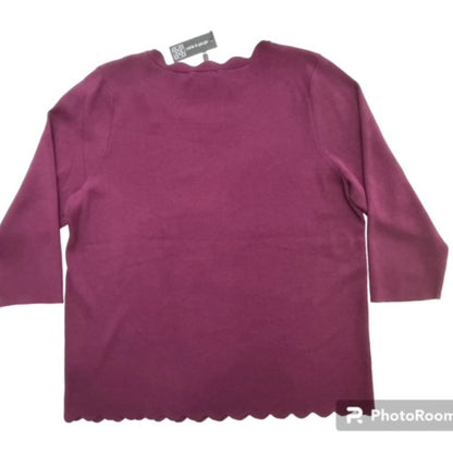 Cable & Gauge Women's Burgundy Scallop Neck Long Sleeve Sweater NWT