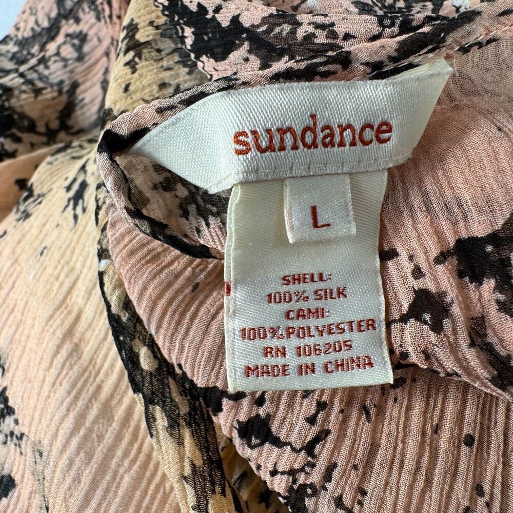 Sundance Silk Blouse Sz L with Cami Peach Pink Black Short Sleeve Boat Neck