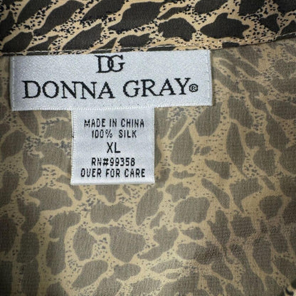 Donna Gray Women Blouse XL Silk Button Down Long Sleeve Animal Print Brown Tan