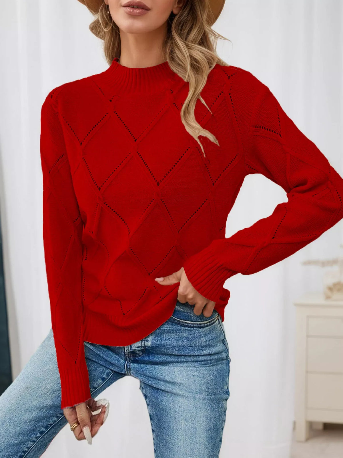 Simply Love Women's Diamond Eyelet Long Sleeve Knit Sweater