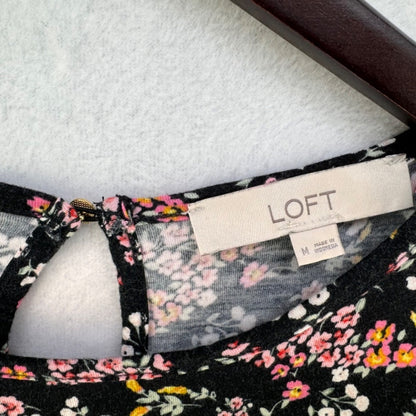 Loft Tank Top Sz M Black multicolor flowers back keyhole gold button