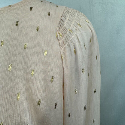 Nine West Sheer Blouse Sz S Peach Foil Gold Speck Chiffon Keyhole Long Sleeve