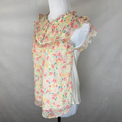 LC Lauren Conrad Top Sz XS Sheer Ivory Floral Ruffled Crew Neck Front Keyhole